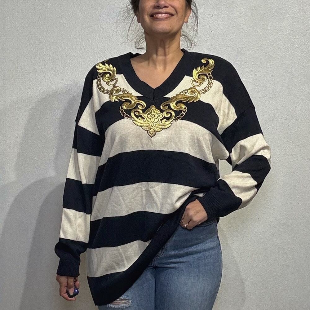 Escada Striped Embroidered Vintage V-Neck Sweater Sz 44